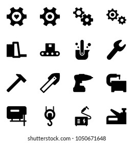 Solid vector icon set - heart gear vector, water power plant, conveyor, casting of steel, wrench, hammer, tile drill, machine tool, jig saw, winch, welding, stapler