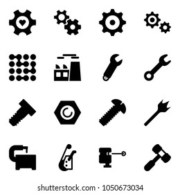Solid vector icon set - heart gear vector, circuit, plant, wrench, bolt, nut, screw, wood drill, machine tool, winch, laser lever, toy hammer