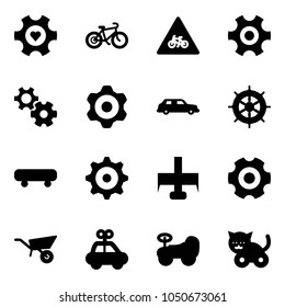 Solid vector icon set - heart gear vector, bike, road for moto sign, limousine, hand wheel, skateboard, milling cutter, wheelbarrow, car toy, baby, cat