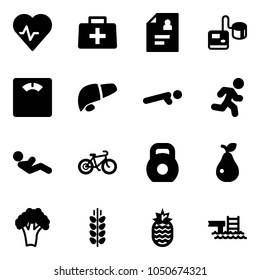 Solid vector icon set - heart pulse vector, doctor bag, patient card, tonometer, floor scales, liver, push ups, run, abdominal muscles, bike, weight, pear, broccoli, spica, pineapple, pool