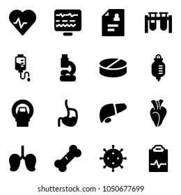 Solid vector icon set - heart pulse vector, diagnostic monitor, patient card, vial, drop counter, lab, pill, mri, stomach, liver, lungs, broken bone, virus, clipboard