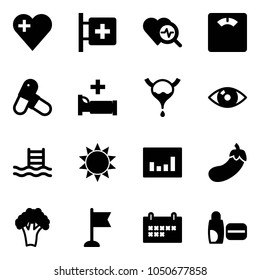 Solid vector icon set - heart vector, first aid room, diagnosis, floor scales, pills, hospital bed, bladder, eye, pool, sun, statistics, eggplant, broccoli, flag, schedule, uv cream