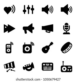 Solid vector icon set - heart beat vector, settings, volume max, medium, fast forward, loudspeaker, microphone, music player, wireless speaker, guitar, tambourine, xylophone, horn toy, piano, radio
