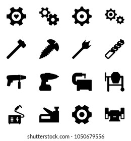 Solid vector icon set - heart gear vector, sledgehammer, screw, wood drill, machine, tool, cocncrete mixer, welding, stapler, sharpening