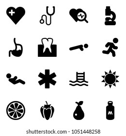 Solid vector icon set - heart vector, stethoscope, diagnosis, lab, stomach, tooth, push ups, run, abdominal muscles, ambulance star, pool, sun, lemon slice, sweet pepper, pear, milk