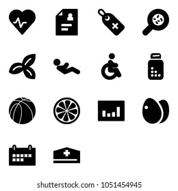 Solid vector icon set - heart pulse vector, patient card, medical label, bacteria, three leafs, abdominal muscles, disabled, pills bottle, basketball ball, lemon slice, statistics, eggs, schedule