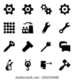Solid vector icon set - heart gear vector, circuit, plant, wrench, screw, bolt, wood drill, machine tool, winch, laser lever, toy hammer