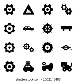 Solid vector icon set - heart gear vector, road for moto sign, limousine, hand wheel, skateboard, saw disk, jack, car toy, baby, cat