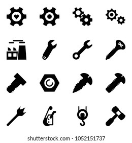 Solid vector icon set - heart gear vector, plant, wrench, screw, bolt, nut, wood drill, winch, toy hammer