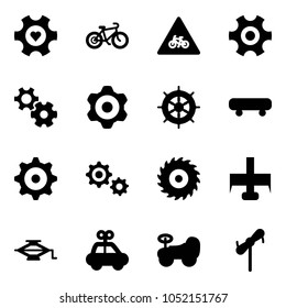 Solid vector icon set - heart gear vector, bike, road for moto sign, hand wheel, skateboard, saw disk, milling cutter, jack, car toy, baby, windmill