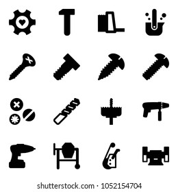 Solid vector icon set - heart gear vector, work, water power plant, casting of steel, screw, bolt, rivet, drill, crown, machine, cocncrete mixer, winch, sharpening