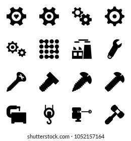 Solid vector icon set - heart gear vector, circuit, plant, wrench, screw, bolt, machine tool, winch, laser lever, toy hammer