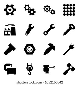 Solid vector icon set - heart gear vector, circuit, plant, wrench, screw, bolt, nut, wood drill, machine tool, winch, laser lever, toy hammer