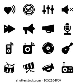 Solid vector icon set - heart beat vector, no horn road sign, settings, volume off, fast forward, loudspeaker, microphone, music player, wireless speaker, cd, guitar, drum, xylophone, toy, radio