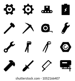 Solid vector icon set - heart gear vector, conveyor, battery, sledgehammer, axe, measuring tape, wrench, plumber, nut, screw, clinch, metal hacksaw, jig saw