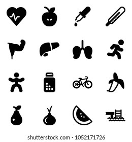 Solid vector icon set - heart pulse vector, apple, pipette, thermometer, power hand, liver, lungs, run, gymnastics, pills bottle, bike, banana, pear, onion, watermelone, pool