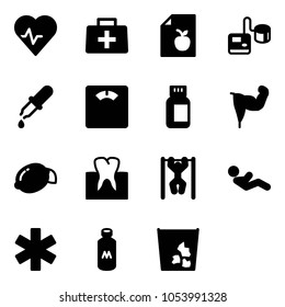 Solid vector icon set - heart pulse vector, doctor bag, diet list, tonometer, pipette, floor scales, pills bottle, power hand, lemon, tooth, pull ups, abdominal muscles, ambulance star, milk