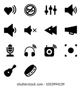 Solid vector icon set - heart beat vector, no horn road sign, settings, volume medium, low, off, fast backward, loudspeaker, microphone, wireless headphones, speaker, record button, guitar