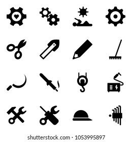 Solid vector icon set - heart gear vector, reading, scissors, tile drill, pencil, rake, sickle, soldering iron, winch, welding, wrench hammer, screwdriver, construction helmet, allen key set