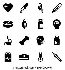 Solid vector icon set - heart vector, pipette, drop counter, thermometer, pill, pills bottle, mri, stomach, broken bone, medical mask, pulse clipboard, doctor hat, forceps