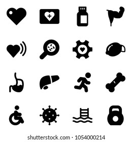 Solid vector icon set - heart vector, first aid kit, pills bottle, power hand, beat, bacteria, gear, lemon, stomach, liver, run, broken bone, disabled, virus, pool, weight