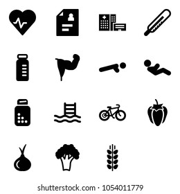 Solid vector icon set - heart pulse vector, patient card, hospital building, thermometer, vial, power hand, push ups, abdominal muscles, pills bottle, pool, bike, sweet pepper, onion, broccoli