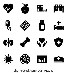Solid vector icon set - heart pulse vector, apple, hospital building, vial, drop counter, pills blister, bottle, bed, kidneys, broken bone, care, sun, lemon slice, statistics, doctor hat