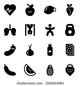 Solid vector icon set - heart pulse vector, apple, lemon, lungs, pull ups, gymnastics, weight, eggplant, onion, milk, breads, banana, watermelone, pineapple, strawberry