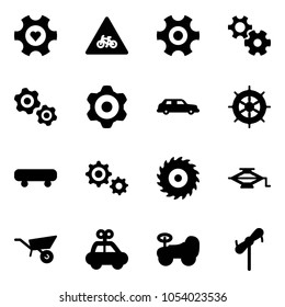 Solid vector icon set - heart gear vector, road for moto sign, gears, limousine, hand wheel, skateboard, saw disk, jack, wheelbarrow, car toy, baby, windmill