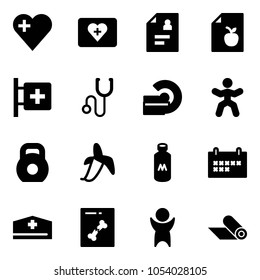 Solid vector icon set - heart vector, first aid kit, patient card, diet list, room, stethoscope, mri, gymnastics, weight, banana, milk, schedule, doctor hat, x ray, success, mat