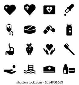 Solid vector icon set - heart vector, first aid kit, pipette, drop counter, pill, pills, vial, stomach, care, tooth brush, hand, pool, doctor hat, uv cream