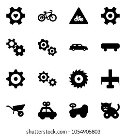 Solid vector icon set - heart gear vector, bike, road for moto sign, gears, limousine, skateboard, saw disk, milling cutter, wheelbarrow, car toy, baby, cat