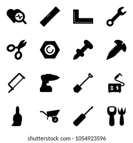 Solid vector icon set - heart diagnosis vector, level, corner ruler, wrench, scissors, nut, nail dowel, screw, metal hacksaw, drill, shovel, welding, brush, wheelbarrow, awl, fork toy