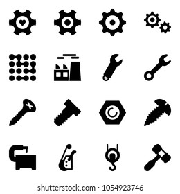 Solid vector icon set - heart gear vector, circuit, plant, wrench, screw, bolt, nut, machine tool, winch, toy hammer