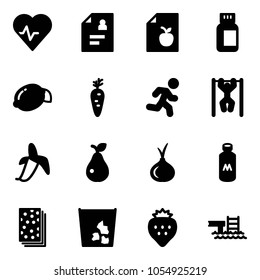 Solid vector icon set - heart pulse vector, patient card, diet list, pills bottle, lemon, carrot, run, pull ups, banana, pear, onion, milk, breads, garbage, strawberry, pool