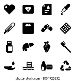 Solid vector icon set - heart vector, first aid kit, patient card, pipette, thermometer, floor scales, pills, blister, bottle, liver, tooth brush, drop hand, pool, uv cream, recycling