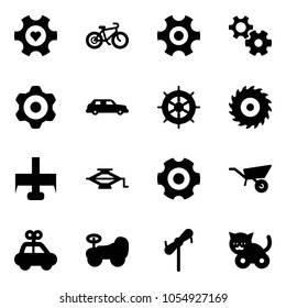 Solid vector icon set - heart gear vector, bike, limousine, hand wheel, saw disk, milling cutter, jack, wheelbarrow, car toy, baby, windmill, cat