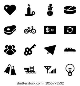 Solid vector icon set - heart vector, candle, snowman, pill, meat, bike, credit card, exchange, group, key, paper fly, limousine, flippers, pool, fine signal, bulb