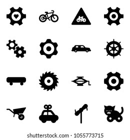 Solid vector icon set - heart gear vector, bike, road for moto sign, limousine, hand wheel, skateboard, saw disk, jack, wheelbarrow, car toy, windmill, cat