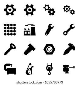 Solid vector icon set - heart gear vector, circuit, plant, wrench, screw, bolt, nut, machine tool, winch, laser lever