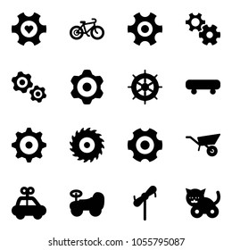 Solid vector icon set - heart gear vector, bike, gears, hand wheel, skateboard, saw disk, wheelbarrow, car toy, baby, windmill, cat