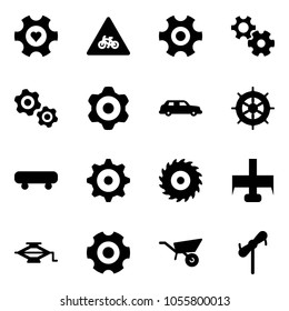 Solid vector icon set - heart gear vector, road for moto sign, gears, limousine, hand wheel, skateboard, saw disk, milling cutter, jack, wheelbarrow, toy windmill