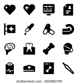 Solid vector icon set - heart vector, diagnostic monitor, patient card, first aid room, pipette, pills, mri, brain, tooth, broken bone, medical mask, pulse clipboard, doctor hat, x ray, forceps