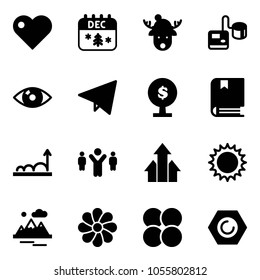 Solid vector icon set - heart vector, christmas calendar, deer hat, tonometer, eye, paper fly, money tree, book, growth, team leader, arrows up, sun, mountains, flower, atom core, nut