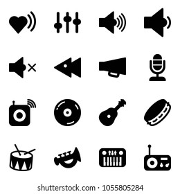 Solid vector icon set - heart beat vector, settings, volume max, low, off, fast backward, loudspeaker, microphone, wireless speaker, cd, guitar, tambourine, drum, horn toy, piano, radio