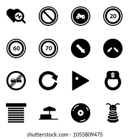 Solid vector icon set - heart diagnosis vector, prohibition road sign, no moto, speed limit 20, 60, 70, detour, end overtake, reload, play, finger ring, jalousie, inflatable pool, cd, pyramid toy
