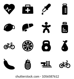 Solid vector icon set - heart pulse vector, doctor bag, pipette, vial, lemon, liver, gymnastics, pills bottle, bike, slice, weight, pear, banana, pineapple, pool
