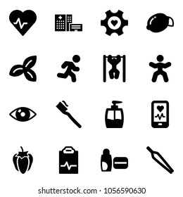 Solid vector icon set - heart pulse vector, hospital building, gear, lemon, three leafs, run, pull ups, gymnastics, eye, tooth brush, liquid soap, mobile monitor, sweet pepper, clipboard, uv cream