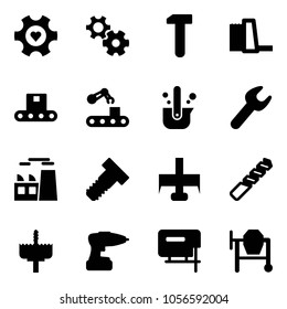 Solid vector icon set - heart gear vector, work, water power plant, conveyor, casting of steel, wrench, bolt, milling cutter, drill, crown, jig saw, cocncrete mixer