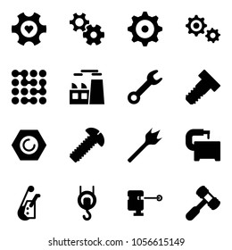 Solid vector icon set - heart gear vector, circuit, plant, wrench, bolt, nut, screw, wood drill, machine tool, winch, laser lever, toy hammer